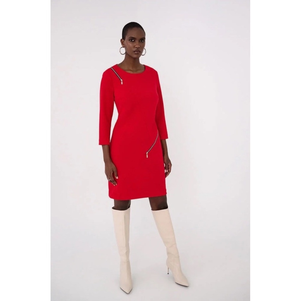 Joseph Ribkoff Zipper‎ Dress in Lipstick Red Size 6 Winter 2023 Crepe Straight